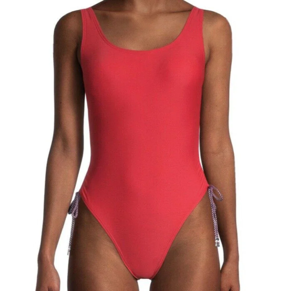 Tommy Hilfiger One Piece High Cut Cheeky Tank 16 NWT Red Ruched UPF Preppy Swim‎